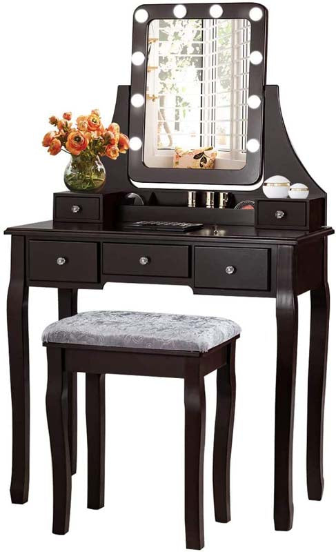 5-Drawer Vanity Table Set with 10 LED Dimmable Bulbs, Bedroom Makeup Dressing Table with Cushioned Stool