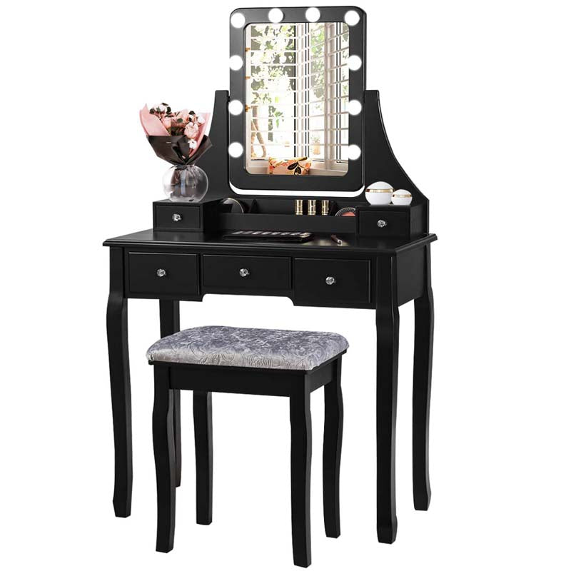 5-Drawer Vanity Table Set with 10 LED Dimmable Bulbs, Bedroom Makeup Dressing Table with Cushioned Stool
