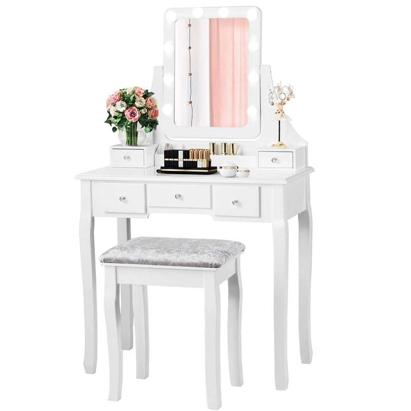 5-Drawer Vanity Table Set with 10 LED Dimmable Bulbs, Bedroom Makeup Dressing Table with Cushioned Stool