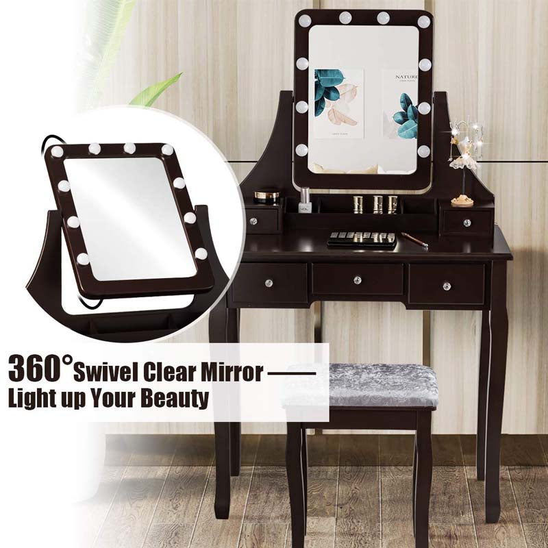 5-Drawer Vanity Table Set with 10 LED Dimmable Bulbs, Bedroom Makeup Dressing Table with Cushioned Stool