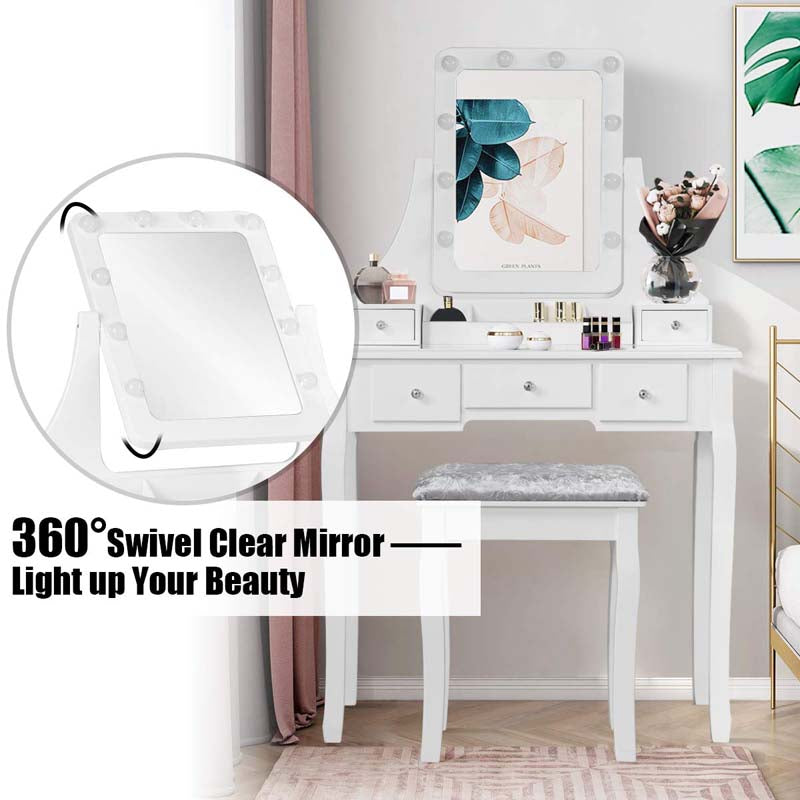 5-Drawer Vanity Table Set with 10 LED Dimmable Bulbs, Bedroom Makeup Dressing Table with Cushioned Stool