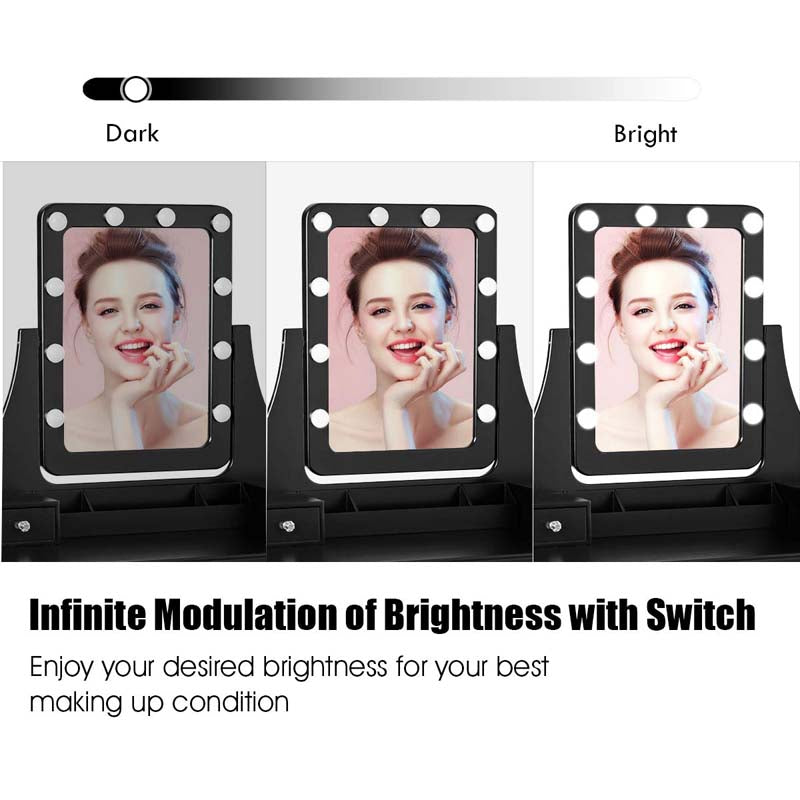 5-Drawer Vanity Table Set with 10 LED Dimmable Bulbs, Bedroom Makeup Dressing Table with Cushioned Stool