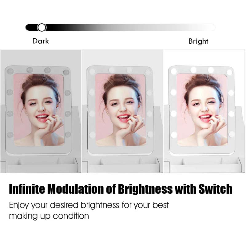 5-Drawer Vanity Table Set with 10 LED Dimmable Bulbs, Bedroom Makeup Dressing Table with Cushioned Stool