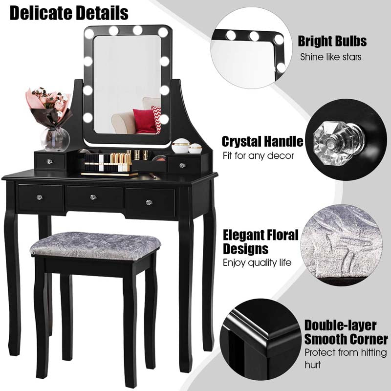 5-Drawer Vanity Table Set with 10 LED Dimmable Bulbs, Bedroom Makeup Dressing Table with Cushioned Stool