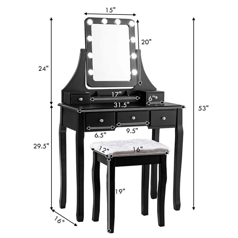 5-Drawer Vanity Table Set with 10 LED Dimmable Bulbs, Bedroom Makeup Dressing Table with Cushioned Stool