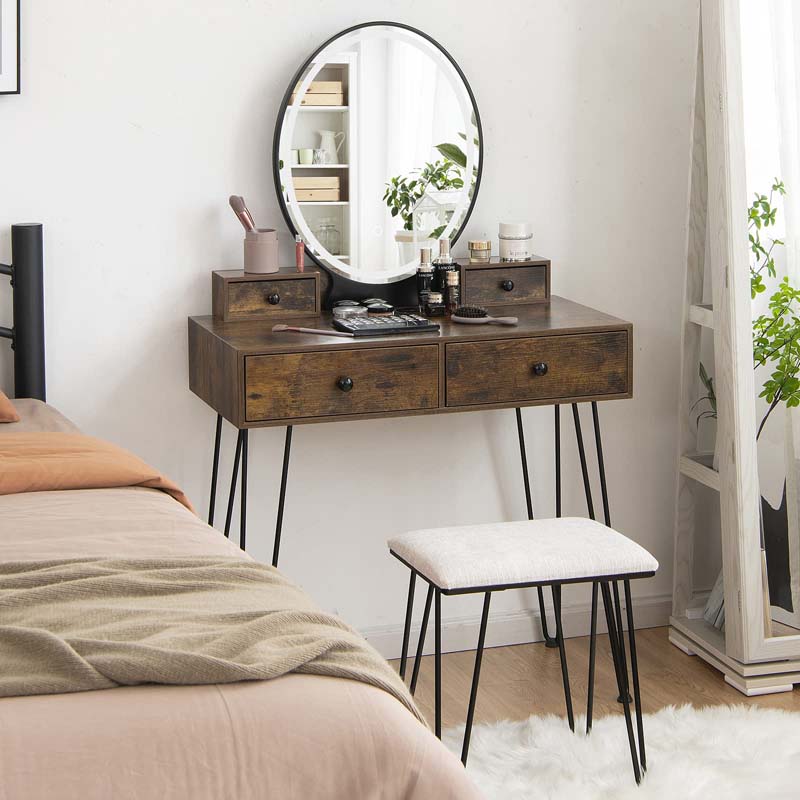 Modern Vanity Table Set w/3-Color Lighted Mirror & 4 Drawers, Bedroom Dressing Table Makeup Vanity Desk with Cushioned Stool
