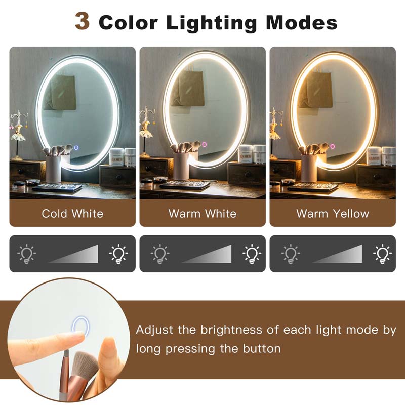Modern Vanity Table Set w/3-Color Lighted Mirror & 4 Drawers, Bedroom Dressing Table Makeup Vanity Desk with Cushioned Stool