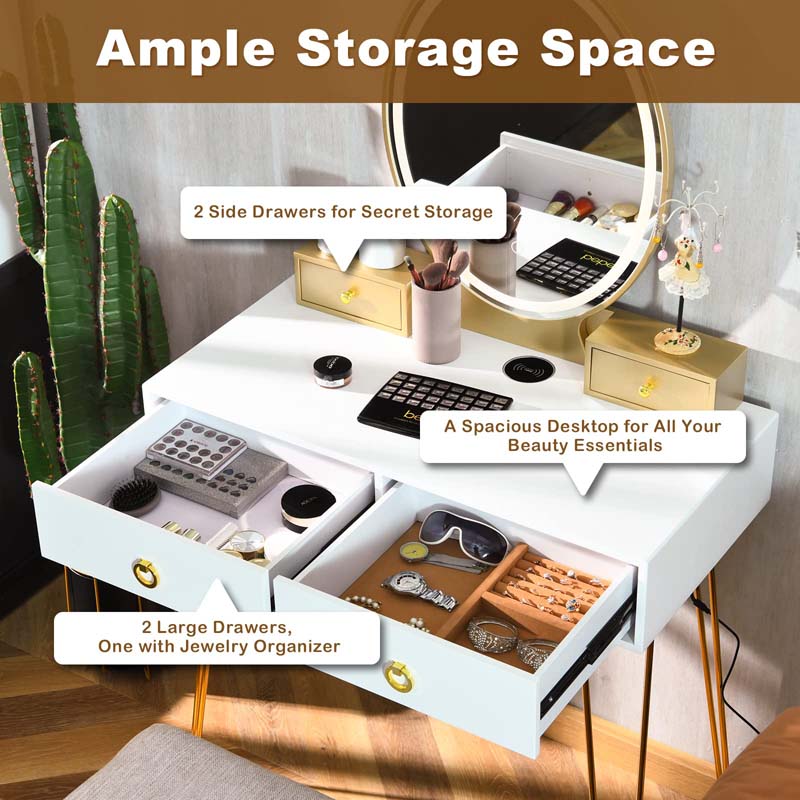 Modern Vanity Table Set w/3-Color Lighted Mirror & 4 Drawers, Bedroom Dressing Table Makeup Vanity Desk with Cushioned Stool