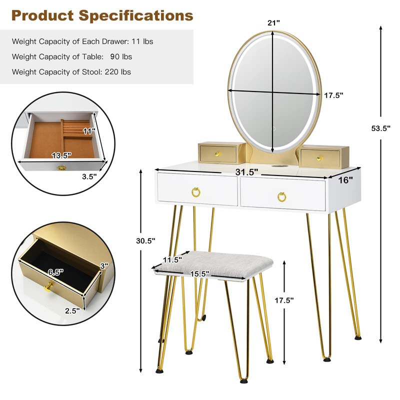 Modern Vanity Table Set w/3-Color Lighted Mirror & 4 Drawers, Bedroom Dressing Table Makeup Vanity Desk with Cushioned Stool