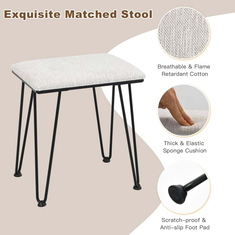 Modern Vanity Table Set w/3-Color Lighted Mirror & 4 Drawers, Bedroom Dressing Table Makeup Vanity Desk with Cushioned Stool