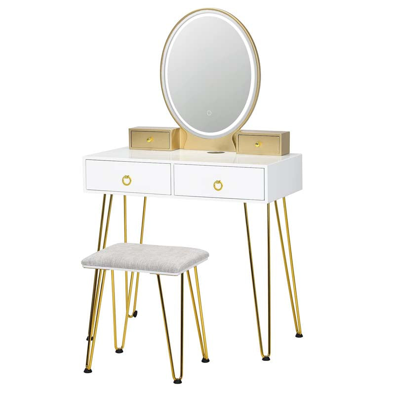 Modern Vanity Table Set w/3-Color Lighted Mirror & 4 Drawers, Bedroom Dressing Table Makeup Vanity Desk with Cushioned Stool