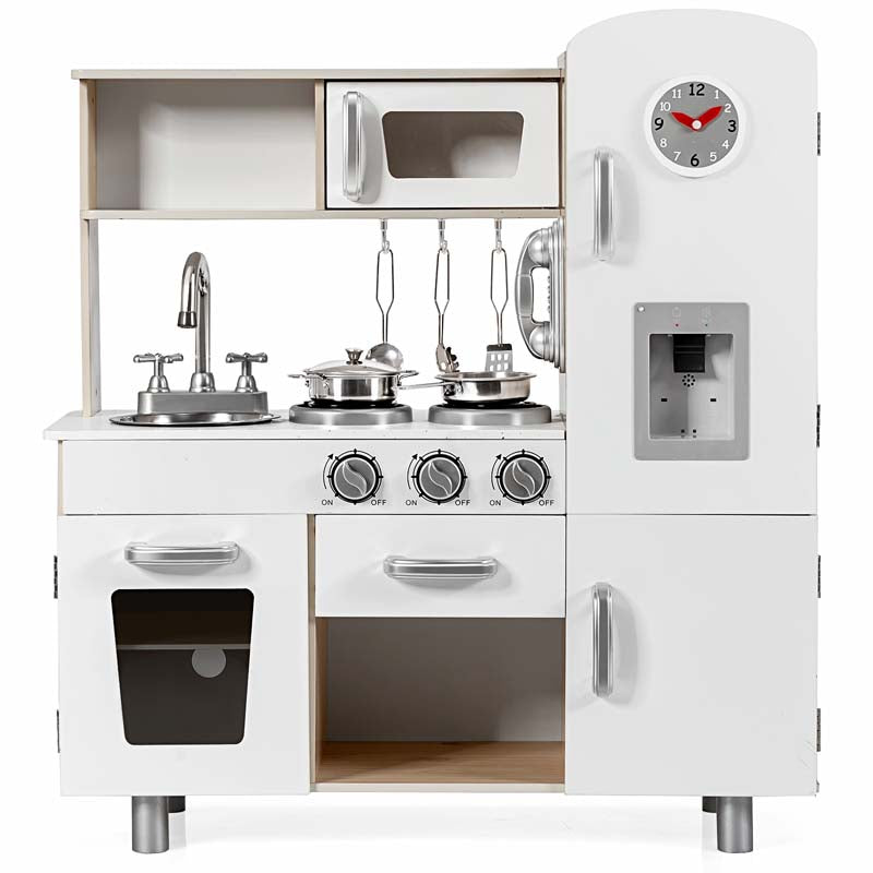 Wooden Kids Kitchen Playset w/Cookware Utensil, Phone, Clock, Water Dispenser, Pretend Cooking Toy Gift Toddlers Play Kitchen Set