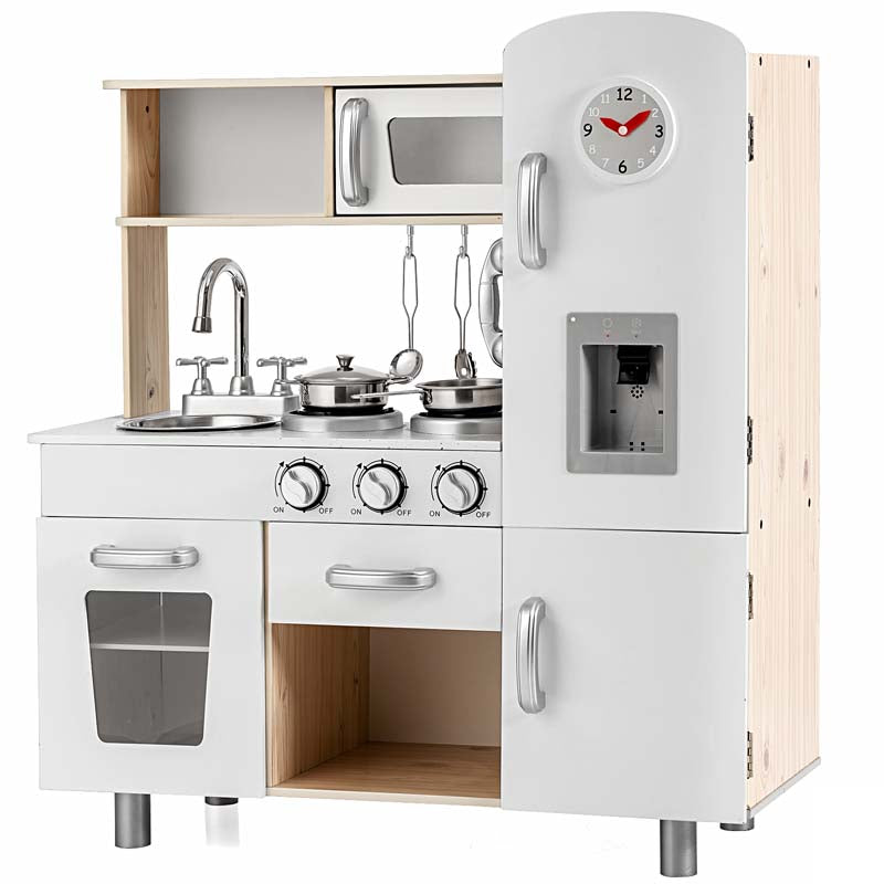 Wooden Kids Kitchen Playset w/Cookware Utensil, Phone, Clock, Water Dispenser, Pretend Cooking Toy Gift Toddlers Play Kitchen Set