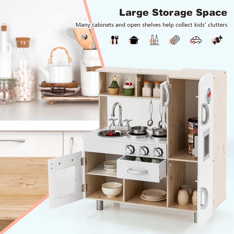 Wooden Kids Kitchen Playset w/Cookware Utensil, Phone, Clock, Water Dispenser, Pretend Cooking Toy Gift Toddlers Play Kitchen Set