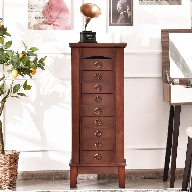 Walnut Wooden Jewelry Cabinet with 9 Drawers, 2 Side Doors & Flip Top Mirror, Bedroom Jewelry Armoire Storage Chest Stand