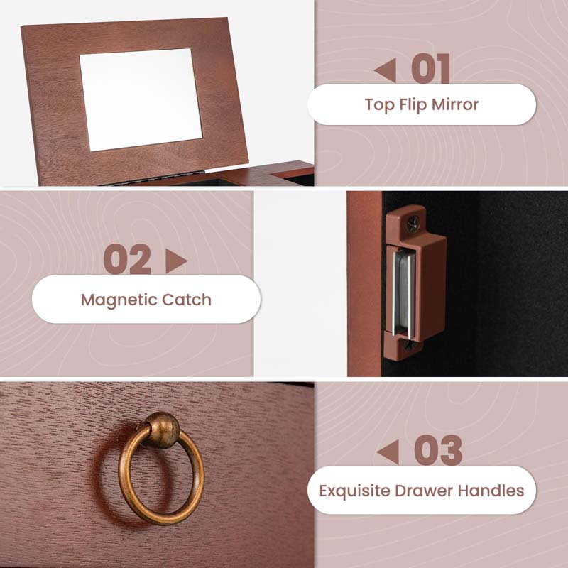 Walnut Wooden Jewelry Cabinet with 9 Drawers, 2 Side Doors & Flip Top Mirror, Bedroom Jewelry Armoire Storage Chest Stand