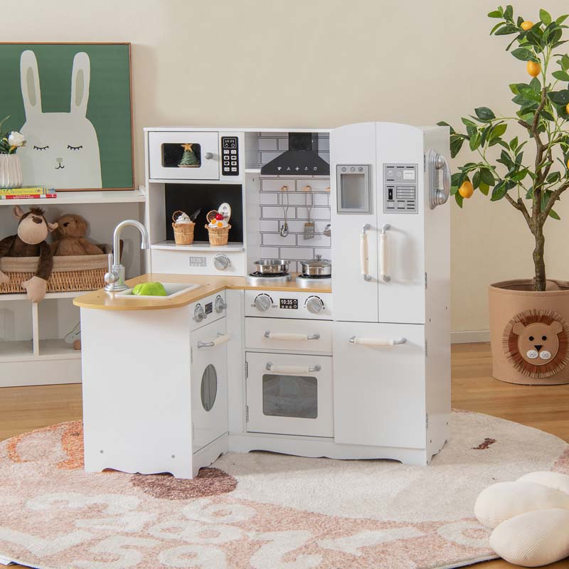 11-in-1 Toddler Wooden Play Kitchen Toy Set, Kids Corner Kitchen Playset with Realistic Washing Machine, Microwave, Stove, Sink
