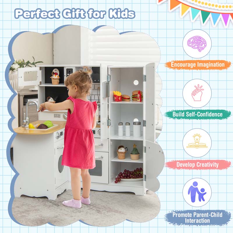 11-in-1 Toddler Wooden Play Kitchen Toy Set, Kids Corner Kitchen Playset with Realistic Washing Machine, Microwave, Stove, Sink