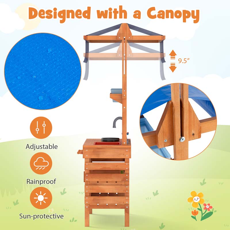 Kids Mud Kitchen Playset, Fir Wood Outdoor Play Kitchen Kids Potting Bench Mud Table with Adjustable Canopy, Sink, 4 Pots, Blackboard