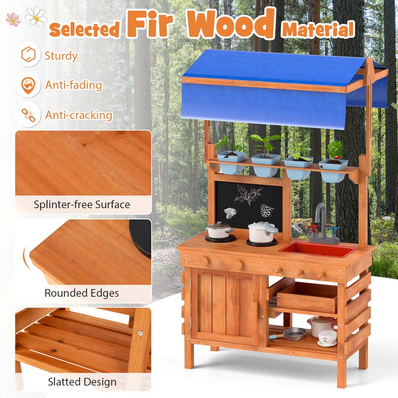 Kids Mud Kitchen Playset, Fir Wood Outdoor Play Kitchen Kids Potting Bench Mud Table with Adjustable Canopy, Sink, 4 Pots, Blackboard