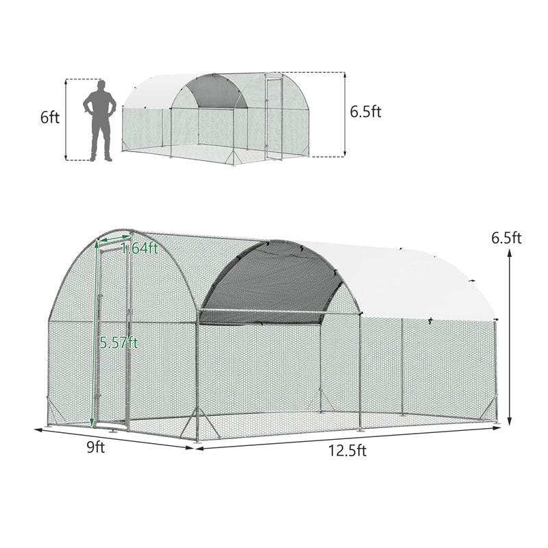12.5 FT Large Metal Chicken Coop Walk-in Dome Poultry Cage Hen Run House Rabbits Habitat Cage with Cover