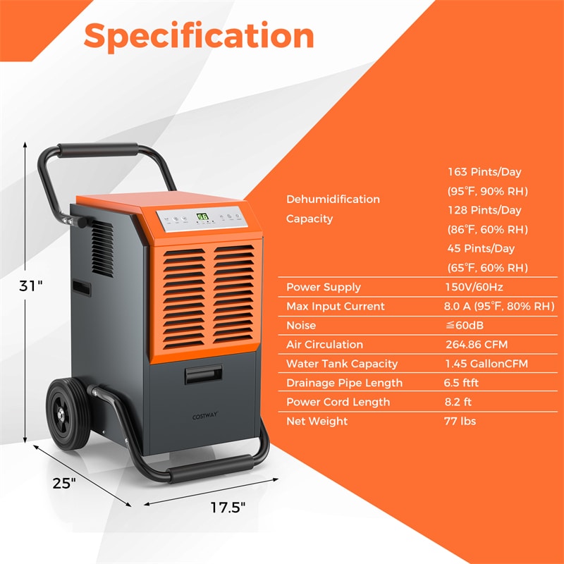 163 PPD Commercial Dehumidifier, 4500 Sq.Ft Crawl Space Dehumidifier with Drain Hose & Water Tank for Basement, Warehouse & Job Site