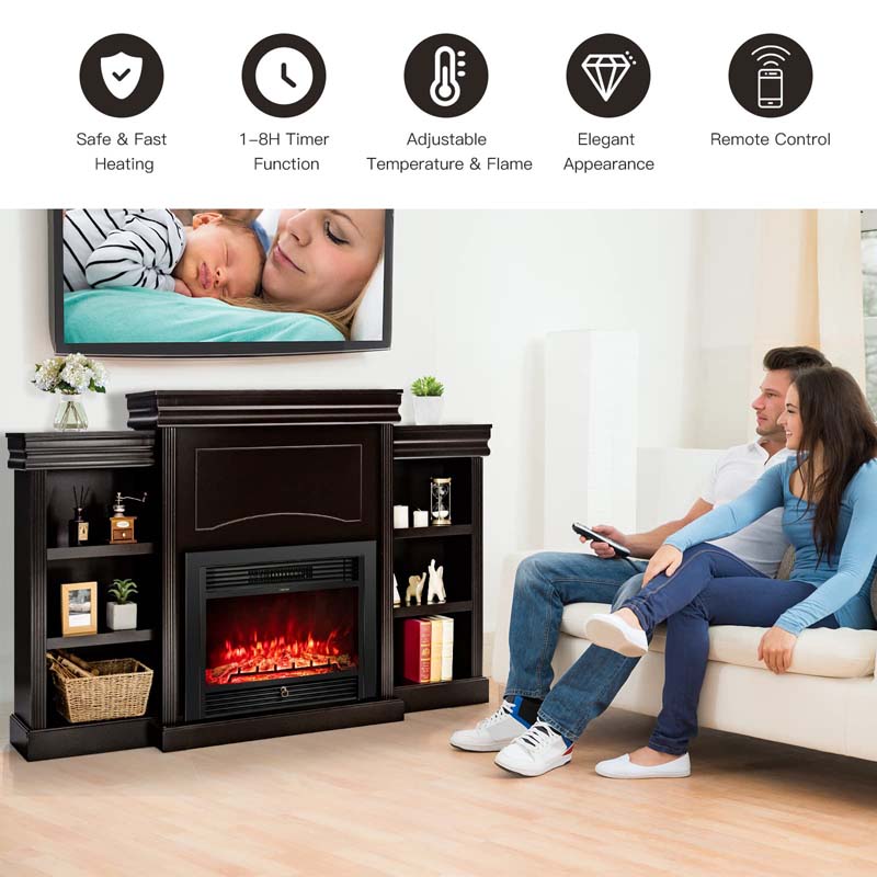 70" Mantel Fireplace TV Stand with 28.5" 750W/1500W Electric Fireplace Insert, Modern Media Fireplace Cabinet Built-in 6 Storage Shelves