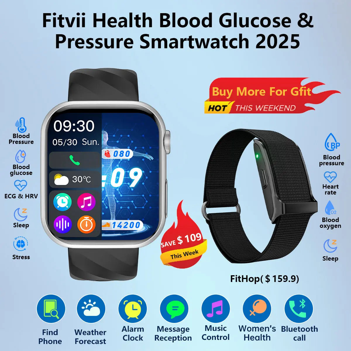 Fitvii Health Blood Pressure Blood Sugar Watch 2025-Buy 1 Get 1 Free For Father's day