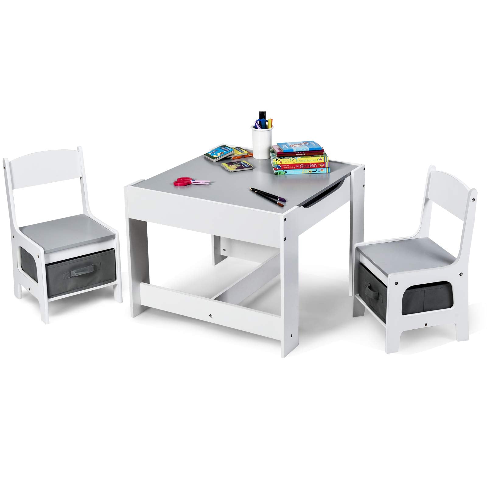 3-in-1 Kids Wood Table Chairs Set with Blackboard & Storage Drawers, Children Multi Activity Table for Learning Playing Drawing