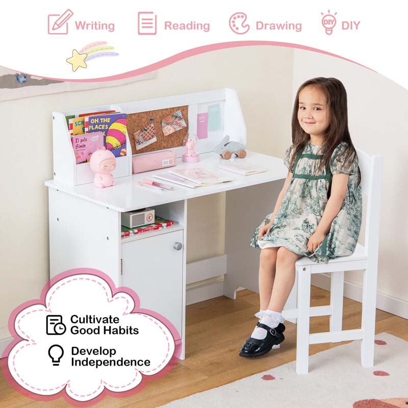 Wooden Kids Study Table and Chair Set with Cork Bulletin Board, Student Computer Workstation Writing Table for Bedroom