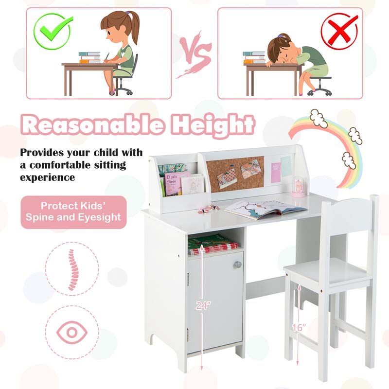Wooden Kids Study Table and Chair Set with Cork Bulletin Board, Student Computer Workstation Writing Table for Bedroom