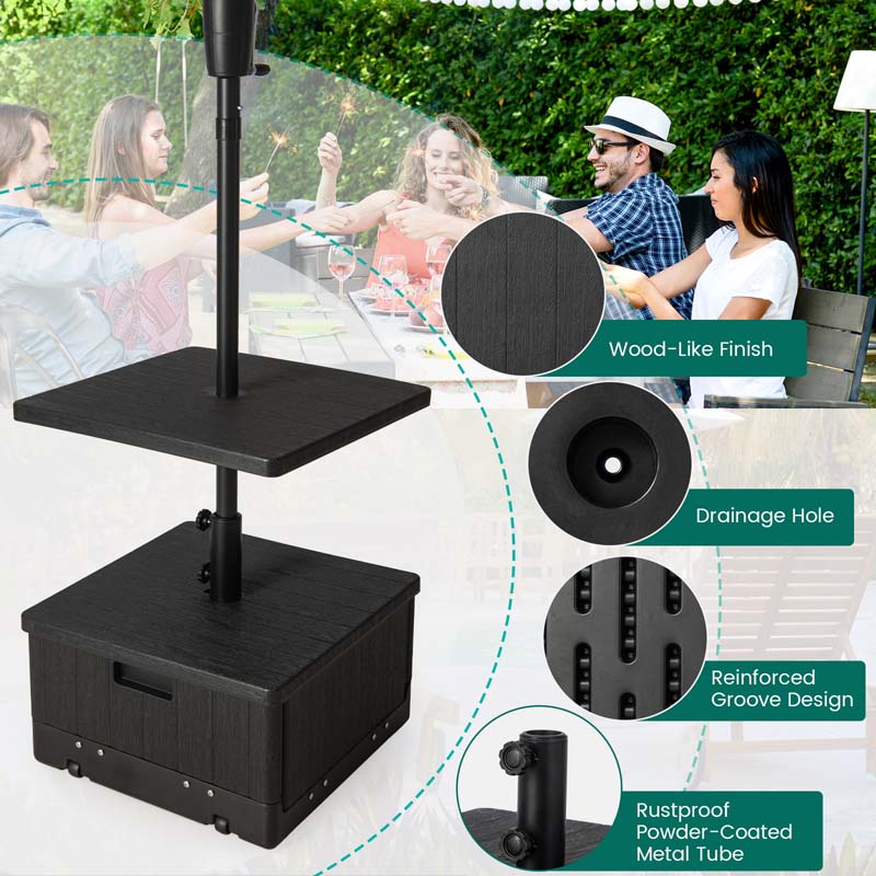3-in-1 175 LBS Outdoor Refillable Umbrella Base with Table Tray & Wheels, Wood-Like Outdoor Side Table with Umbrella Stand