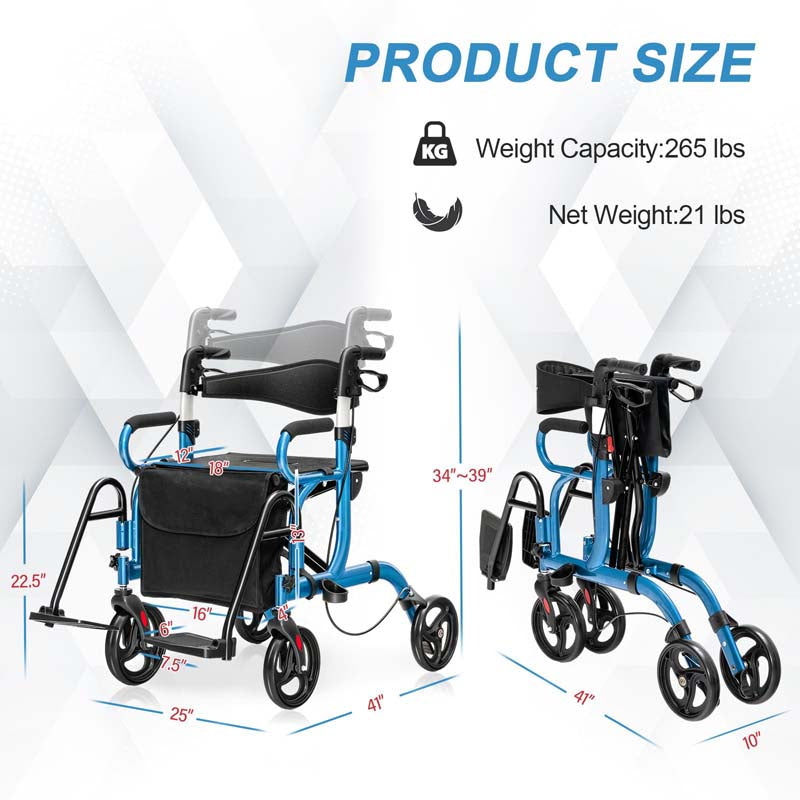 2 in 1 Folding Rollator Walker with Seat & Bag, Aluminum Medical Walker Rolling Transport Chair Mobility Walking Aid