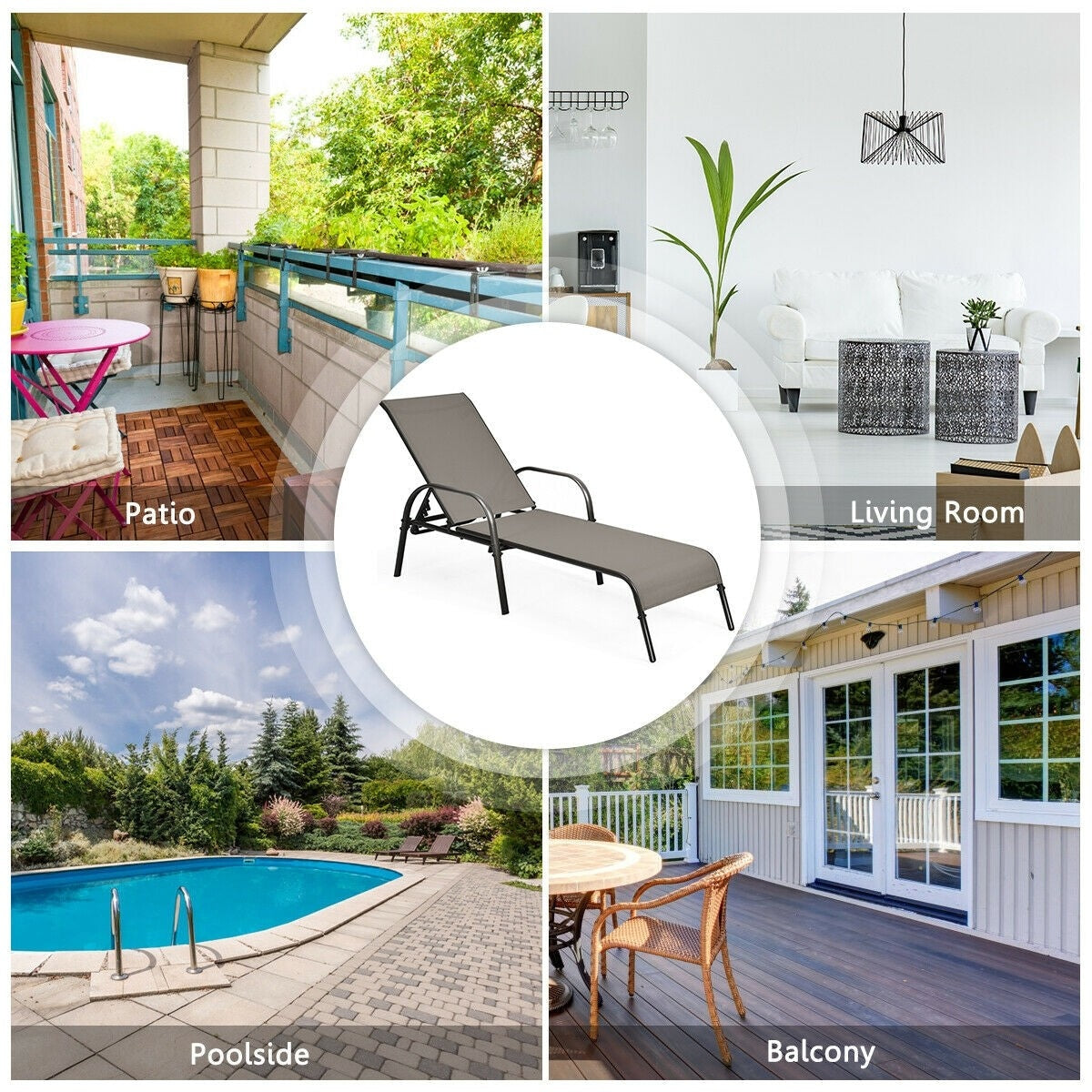 5-Position Fabric Folding Outdoor Chaise Lounge Chair, Lightweight Pool Chair Patio Lawn Recliner Sun Lounger