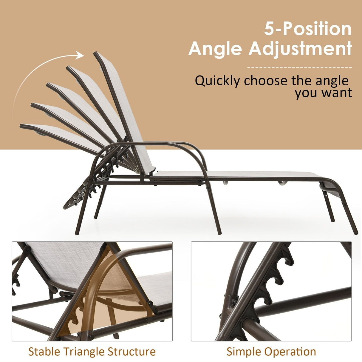 5-Position Fabric Folding Outdoor Chaise Lounge Chair, Lightweight Pool Chair Patio Lawn Recliner Sun Lounger