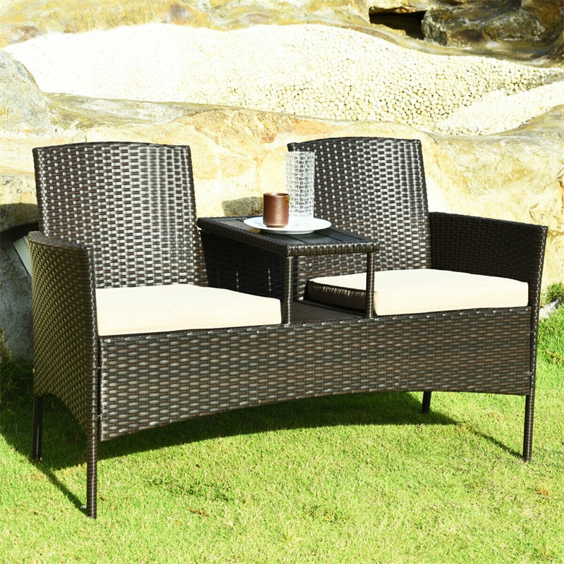 Rattan Outdoor Loveseat Bistro Set with Built-in Coffee Table & Cushions, Wicker Patio Conversation Set