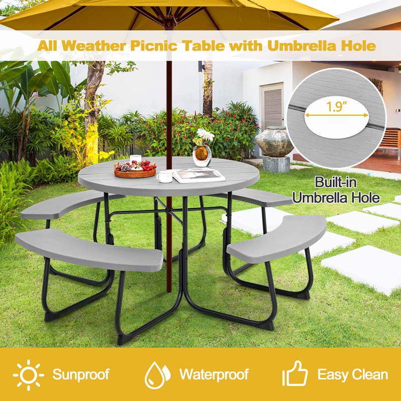 8 Person HDPE Outside Table & Bench Set, Outdoor Round Picnic Table with 4 Built-in Benches, Umbrella Hole, Metal Frame