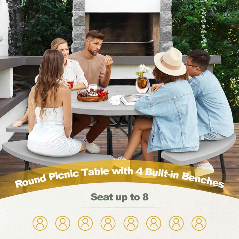 8 Person HDPE Outside Table & Bench Set, Outdoor Round Picnic Table with 4 Built-in Benches, Umbrella Hole, Metal Frame