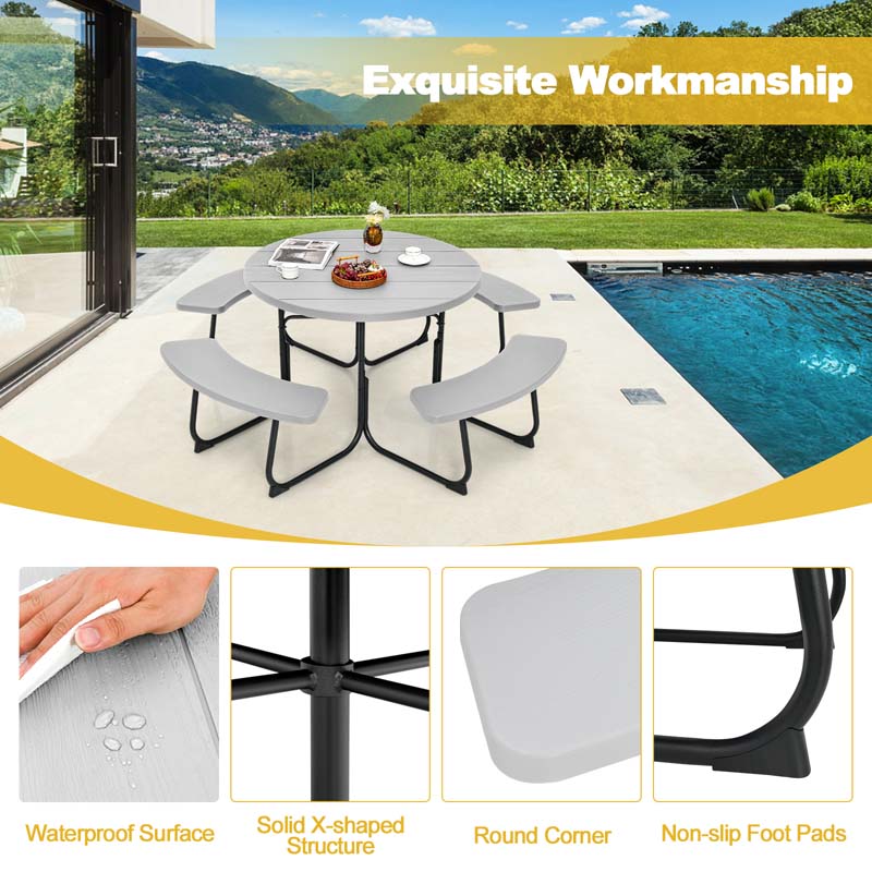 8 Person HDPE Outside Table & Bench Set, Outdoor Round Picnic Table with 4 Built-in Benches, Umbrella Hole, Metal Frame