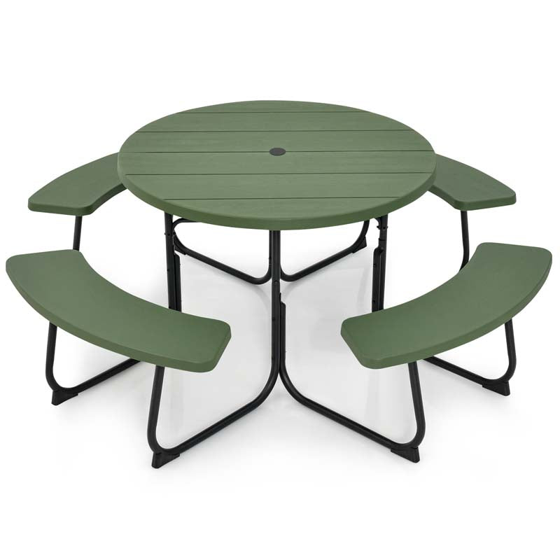 8 Person HDPE Outside Table & Bench Set, Outdoor Round Picnic Table with 4 Built-in Benches, Umbrella Hole, Metal Frame