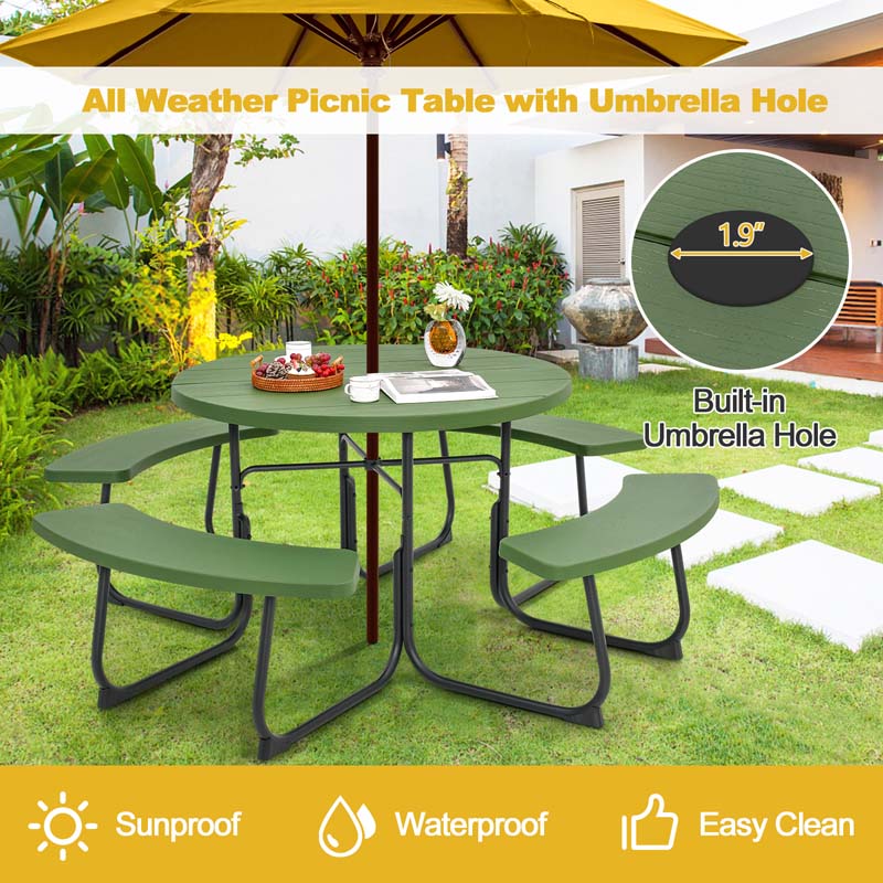 8 Person HDPE Outside Table & Bench Set, Outdoor Round Picnic Table with 4 Built-in Benches, Umbrella Hole, Metal Frame