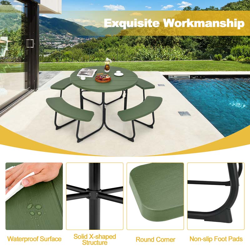 8 Person HDPE Outside Table & Bench Set, Outdoor Round Picnic Table with 4 Built-in Benches, Umbrella Hole, Metal Frame