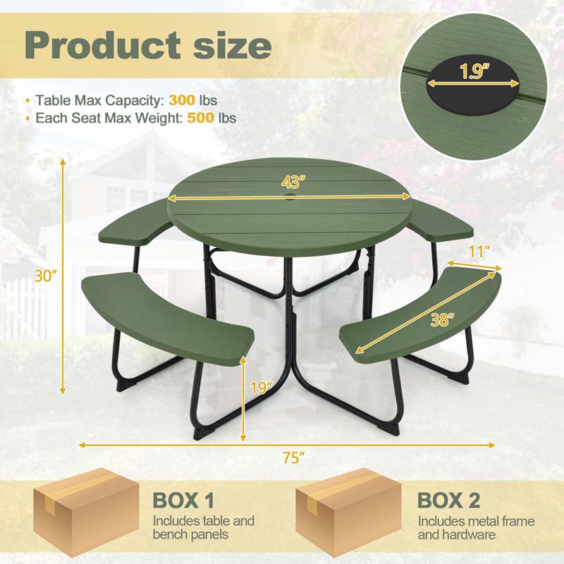 8 Person HDPE Outside Table & Bench Set, Outdoor Round Picnic Table with 4 Built-in Benches, Umbrella Hole, Metal Frame