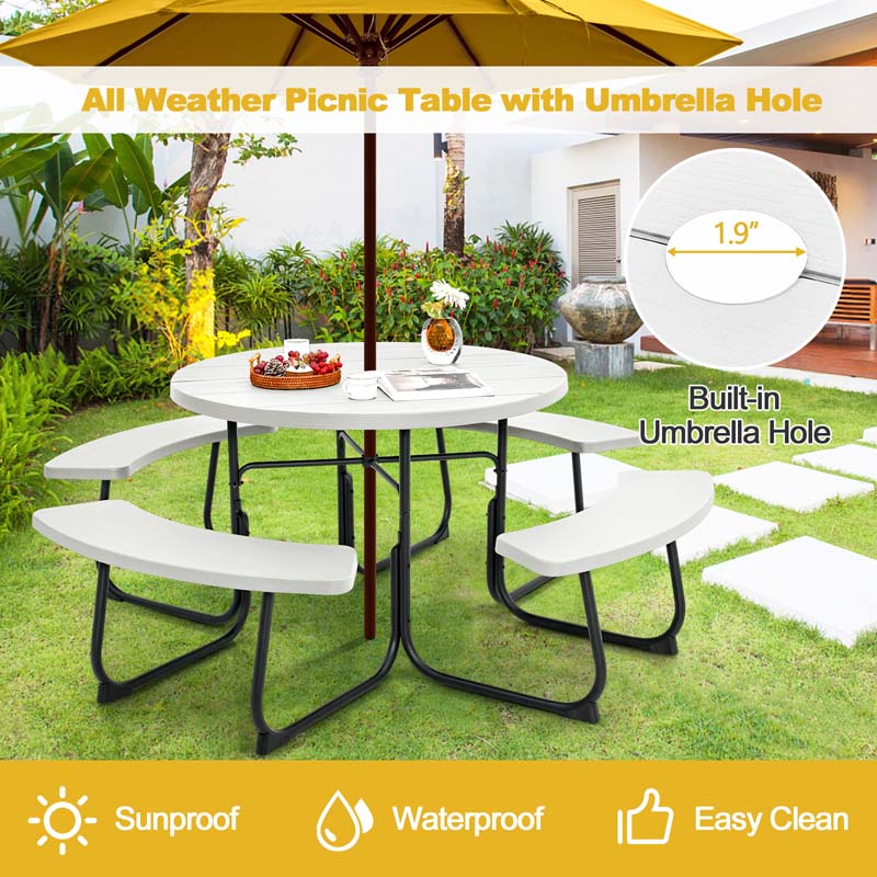 8 Person HDPE Outside Table & Bench Set, Outdoor Round Picnic Table with 4 Built-in Benches, Umbrella Hole, Metal Frame