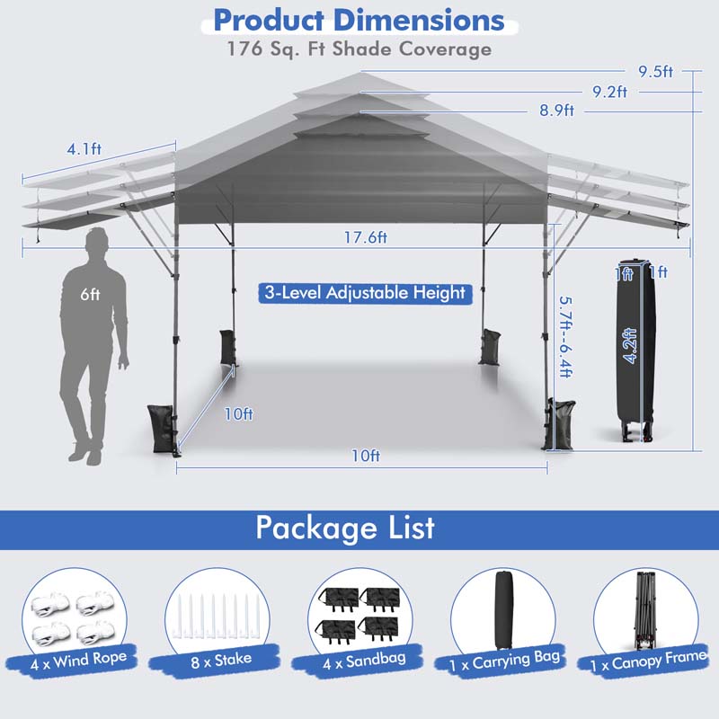 10 x 17.6 FT Outdoor Instant Pop-up Canopy Tent for Market Picnic with Dual Half Awnings & Wheeled Bag