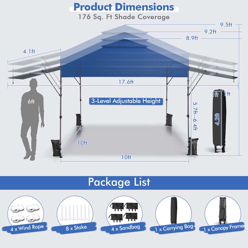 10 x 17.6 FT Outdoor Instant Pop-up Canopy Tent for Market Picnic with Dual Half Awnings & Wheeled Bag