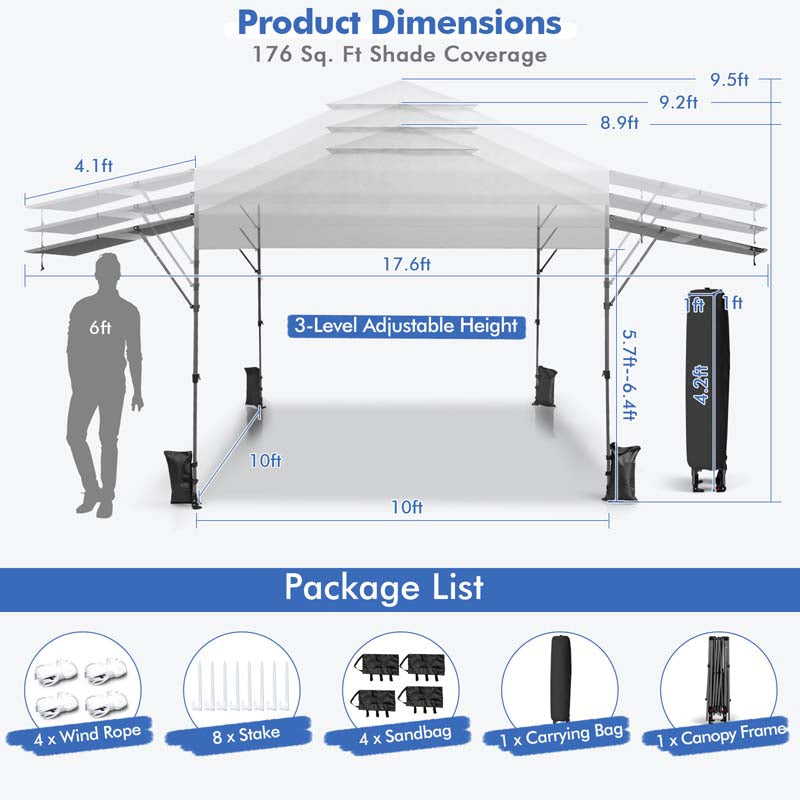10 x 17.6 FT Outdoor Instant Pop-up Canopy Tent for Market Picnic with Dual Half Awnings & Wheeled Bag
