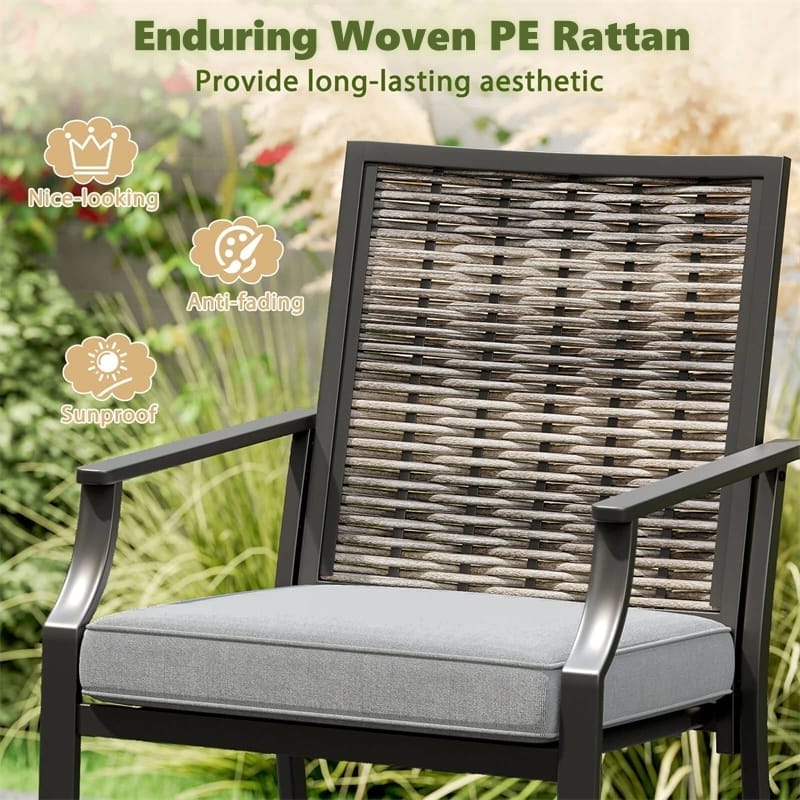 Outdoor Metal Bar Stools Set of 2 with Rattan Back, Armrest, Fabric Seat & Cushions, Counter Height Patio Bar Chairs for Poolside, Porch, Backyard