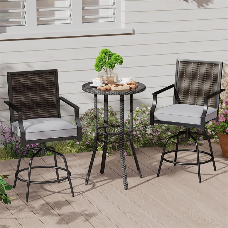 Outdoor PE Wicker Swivel Bar Stools Set of 2, Metal Frame Counter Height Patio Chairs with Back & Cushions for Patio, Garden, Deck
