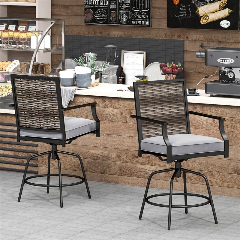 Outdoor PE Wicker Swivel Bar Stools Set of 2, Metal Frame Counter Height Patio Chairs with Back & Cushions for Patio, Garden, Deck